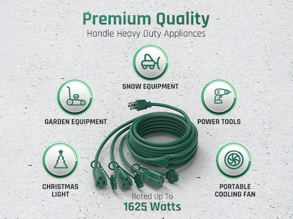 Premium extension cord—1625W, handles snow/garden/power tools, Christmas lights, portable fans.
