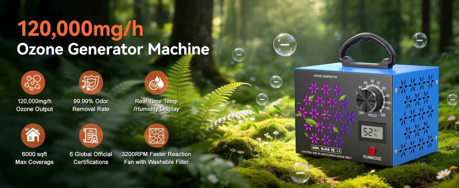 120,000mg/h Ozone Generator Machine with Temp/Humidity Display