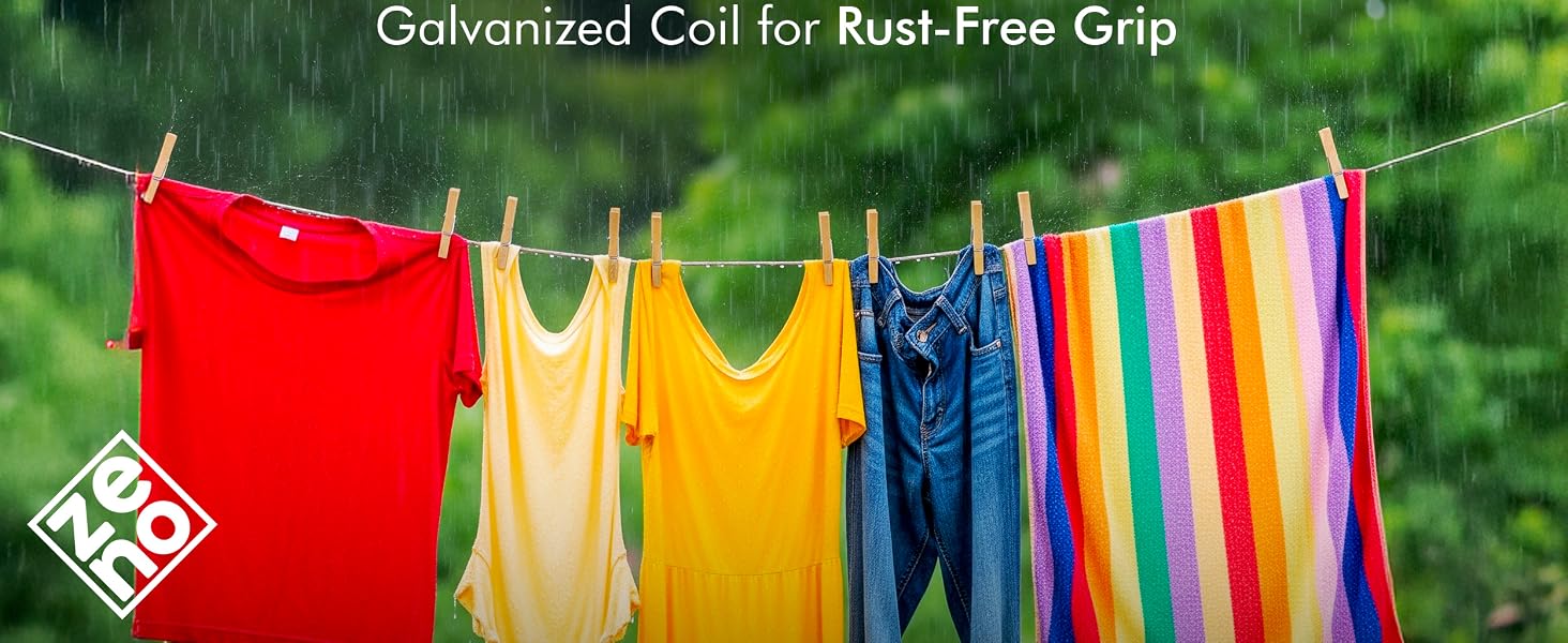 Text reads 'Galvanized Coil for Rust Free Grip'. Colorful laundry hanging on clothesline against green outdoor background.