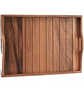 Large Acacia Wooden Serving Tray with Handles 20 x 14 inch Decorative Coffee Table Ottoman Tray f...