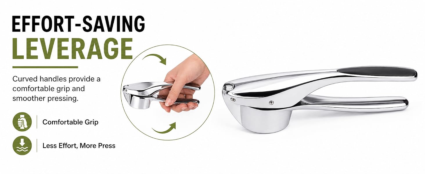 Durable garlic press with soft comfortable handle