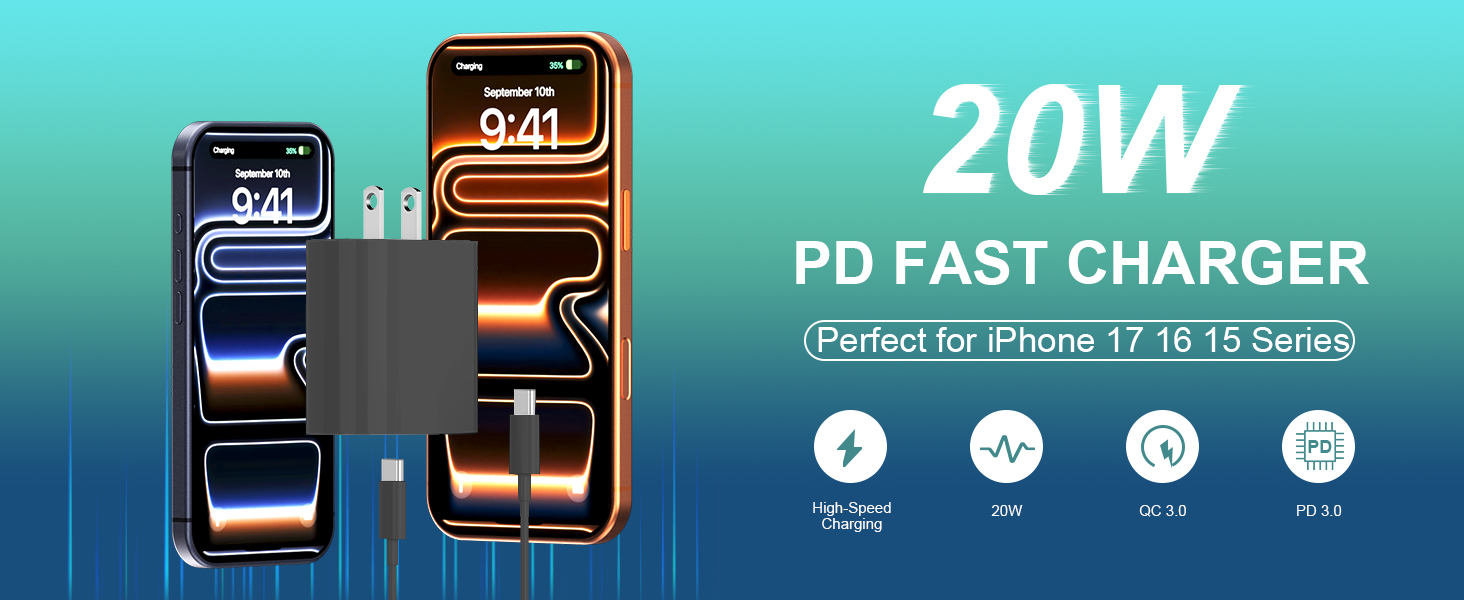 20w 40w iphone 17 16 15 pro max charger fast charging block usb c charger cable fast charging 10 ft