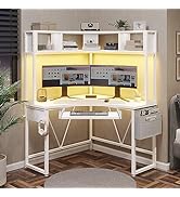 SEDETA Corner Desk, Small Computer Desk with Hutch &amp; LED Lights, Triangle Corner Computer Desk wi...