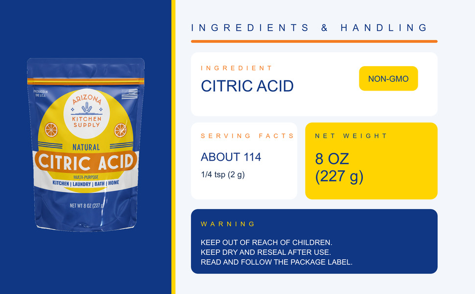 Front 8 oz citric acid pouch beside ingredient, serving, weight, and handling facts.