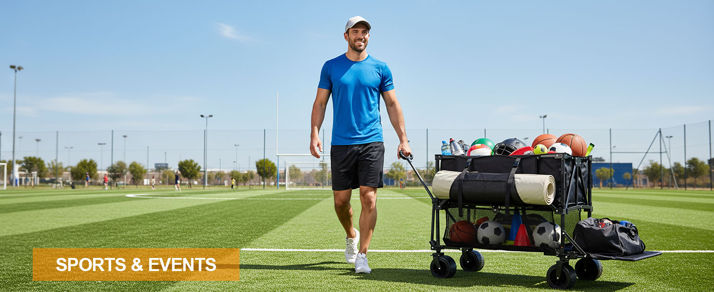 Collapsible sports wagon for soccer games and stadium events fits folding chairs and coolers