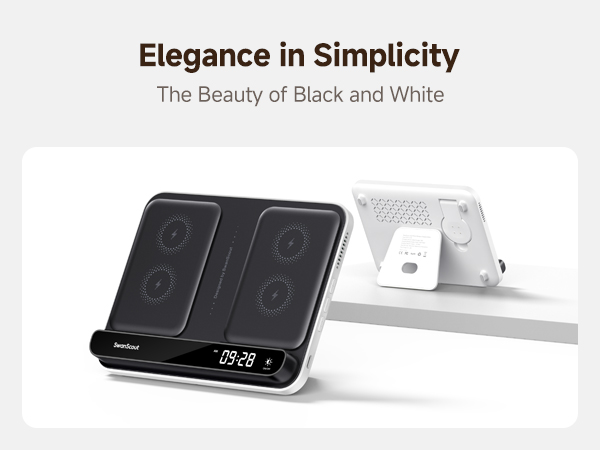 Modern dual-panel digital scale in black and white design with LED display, titled 'Elegance in Simplicity' with adjustable viewing angle stand.