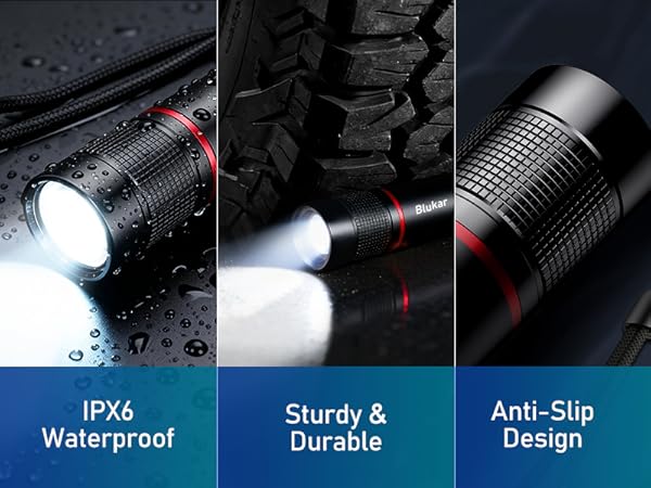 Text reads 'IPX6 Waterproof', 'Sturdy &amp; Durable', 'Anti-Slip Design'. Multiple product shots of black tactical flashlight showing waterproof features and textured grip.