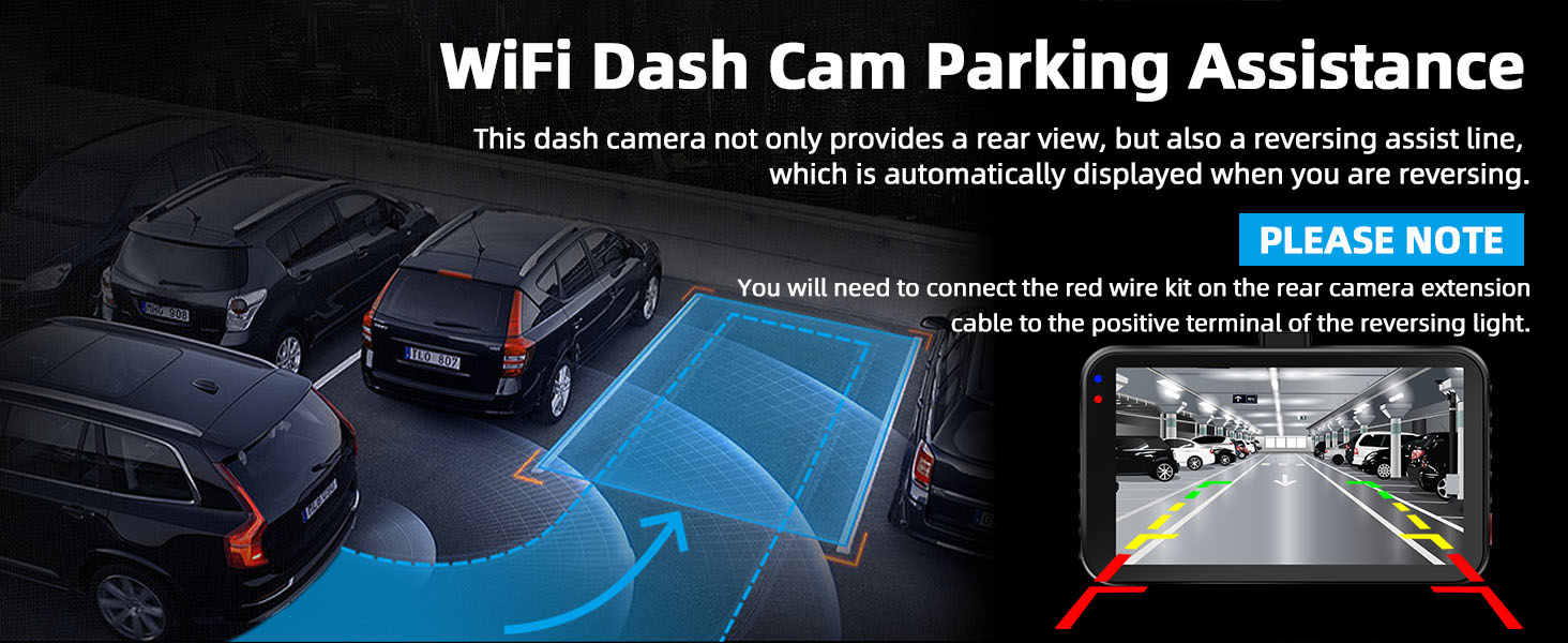 WiFi dash cam with parking assistance feature. Displays a smartphone screen showing rear view camera feed with parking guide lines in a parking garage setting.