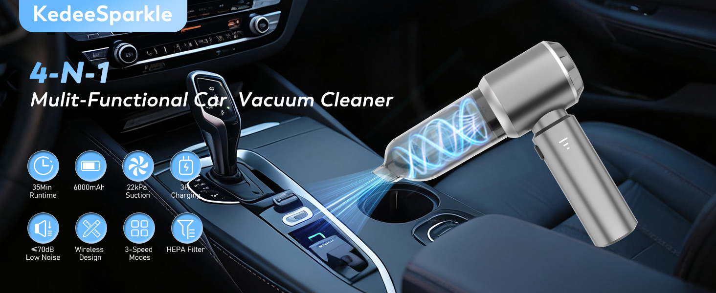 KedeeSparkle Mini Car Vacuum Cleaner, 4 in 1 Cordless Vacuum Cleaner