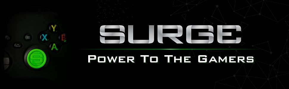 Surge Power To The Gamers Header Image with Xbox Series X|S controller with a green SURGE thumb grip