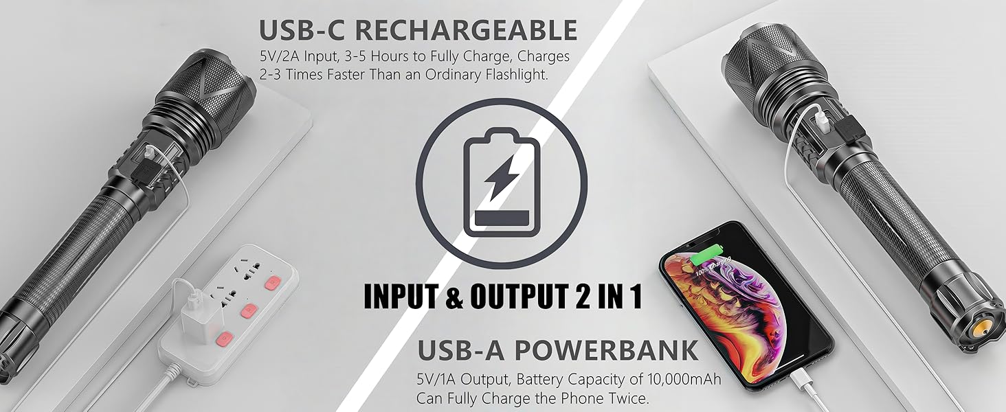 Type-C Charging with Emergency Powerbank Function, Rechargeable Flashlight Can Charge Your Phone.