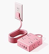 Pink Extension Cord 10Ft, Flat Plug Surge Protector Power Strip, 8 Outlets &amp; 4 USB Ports (2 USB C...