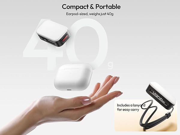 Text reads 'Compact &amp; Portable'. Series of images showing a small white device being held in hands, demonstrating its portable size and easy handling.