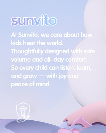 Text reads 'SunMio' and 'thoughtfully designed with safe volume and all-day comfort for peace of mind.' Purple-tinted promotional images featuring product photography.