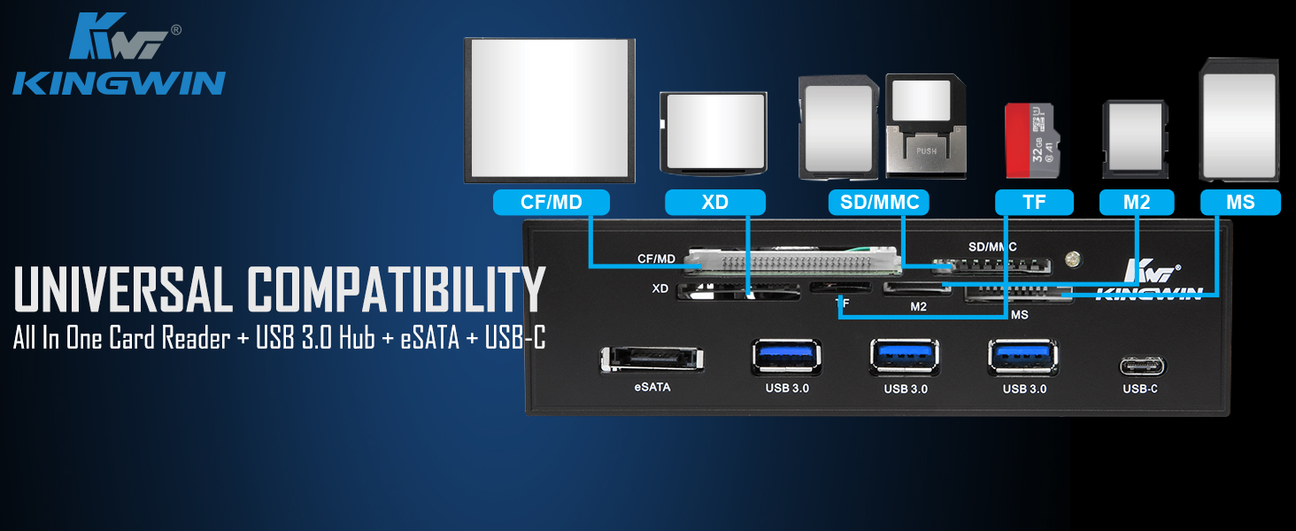 Universal compatilibity all in one card reader + USB 3.0 Hub + eSATA + USB-C