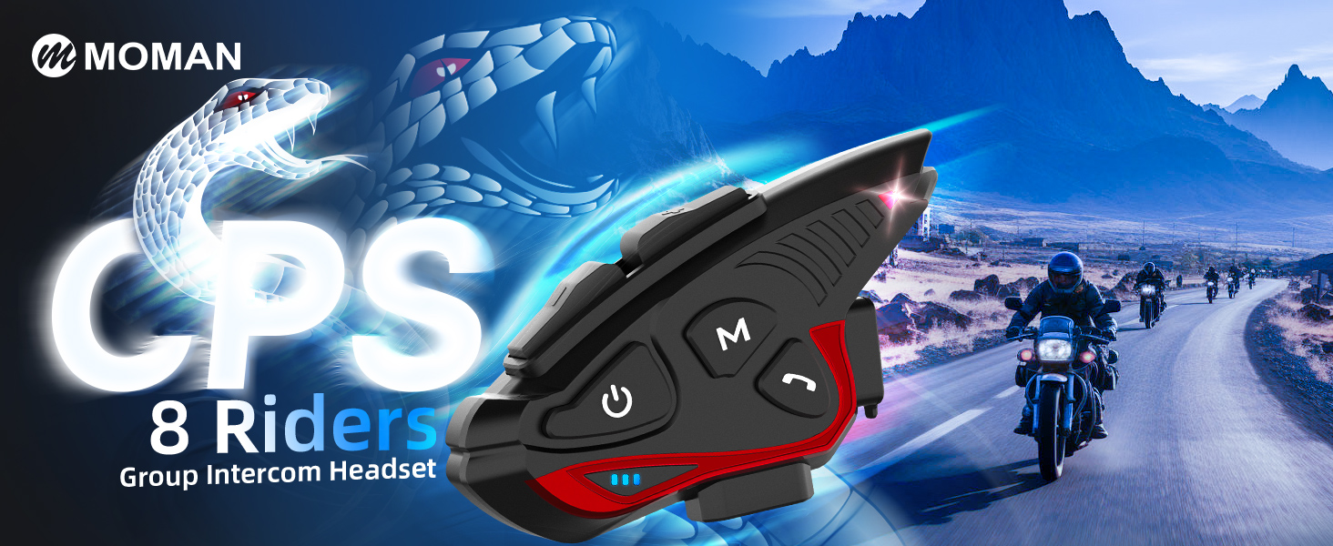 Motorcycle communication system headset featuring 8-rider connectivity, shown against snowy mountain backdrop with motorcyclist.