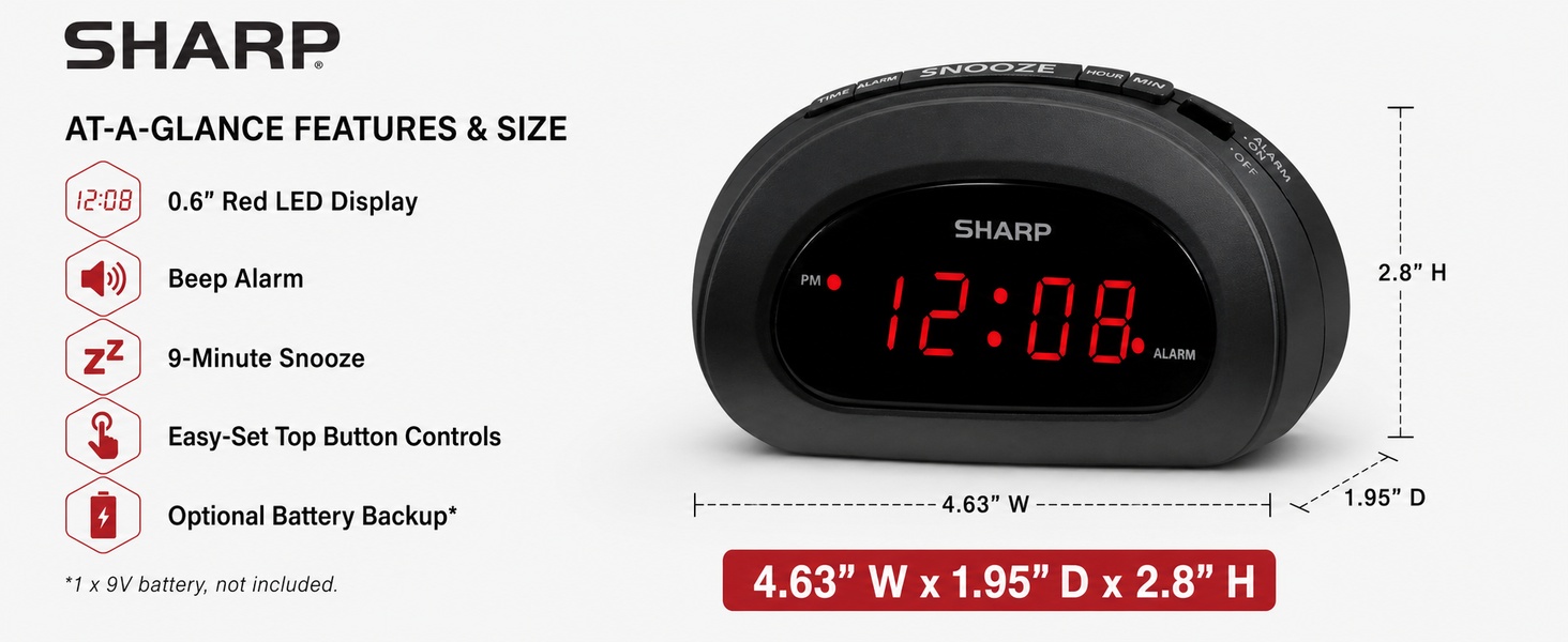 Digital alarm clock with large display, snooze and adjustable brightness for bedroom nightstand