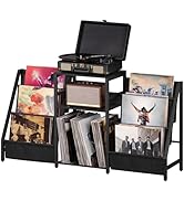 LELELINKY Black End Table,Record Player Stand with Vinyl Storage,3 Tier Side Table with Display S...
