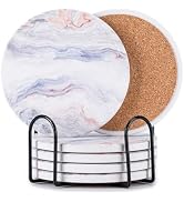 Hoewina 6Pcs Drink Coasters with Holder, Marble Style Ceramic Drink Coaster, Absorbent Coasters S...