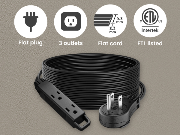360 degree flat extension cord outlets flat plug etl listed