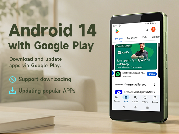 Sage green G4 music player on Google Play with options to download and update compatible apps.