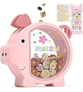 Summidate Pink Piggy Bank Girls, Unbreakable Wooden Piggy Bank for Kids, Cute Personalized Wood M...