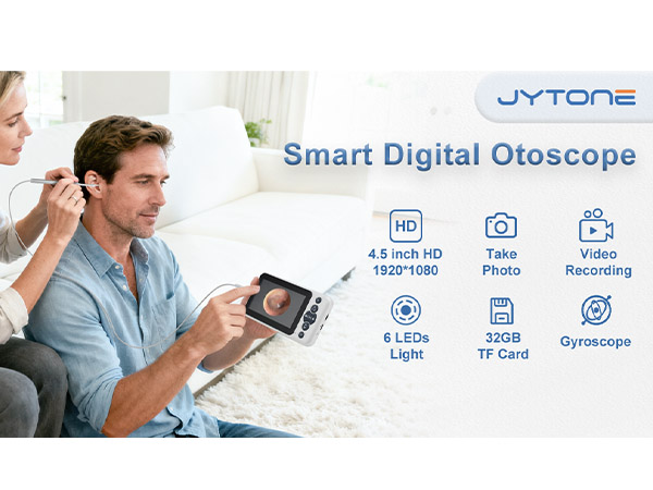 Smart digital otoscope with 4.5 inch HD screen and 6-axis gyroscope for home ear health.