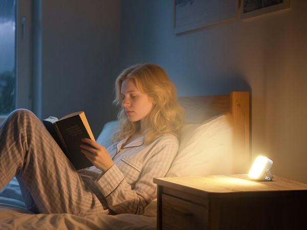 Series of images showing someone reading in bed with warm lighting, demonstrating different positions with pillows and blankets.