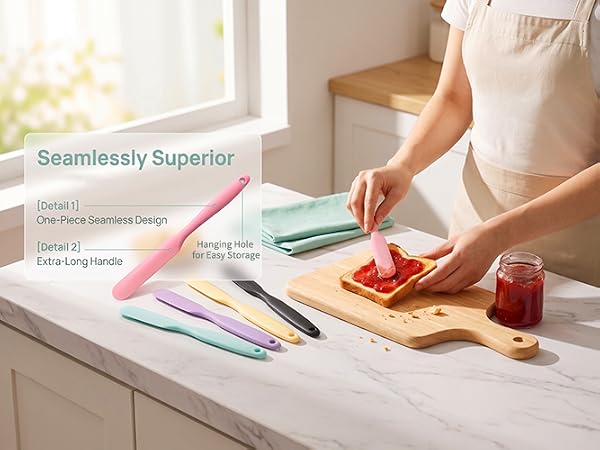 Headaze silicone spatula set, person spreading strawberry jam on toast, one-piece seamless design