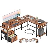 Furologee 66” L Shaped Desk with Power Outlet, Reversible Computer Gaming Desk with File Drawer &amp;...