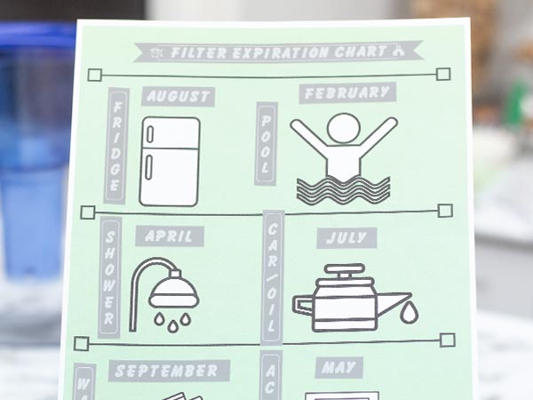 Filter Expiration Chart printout with filter locations (fridge, shower, pool) and months to replace