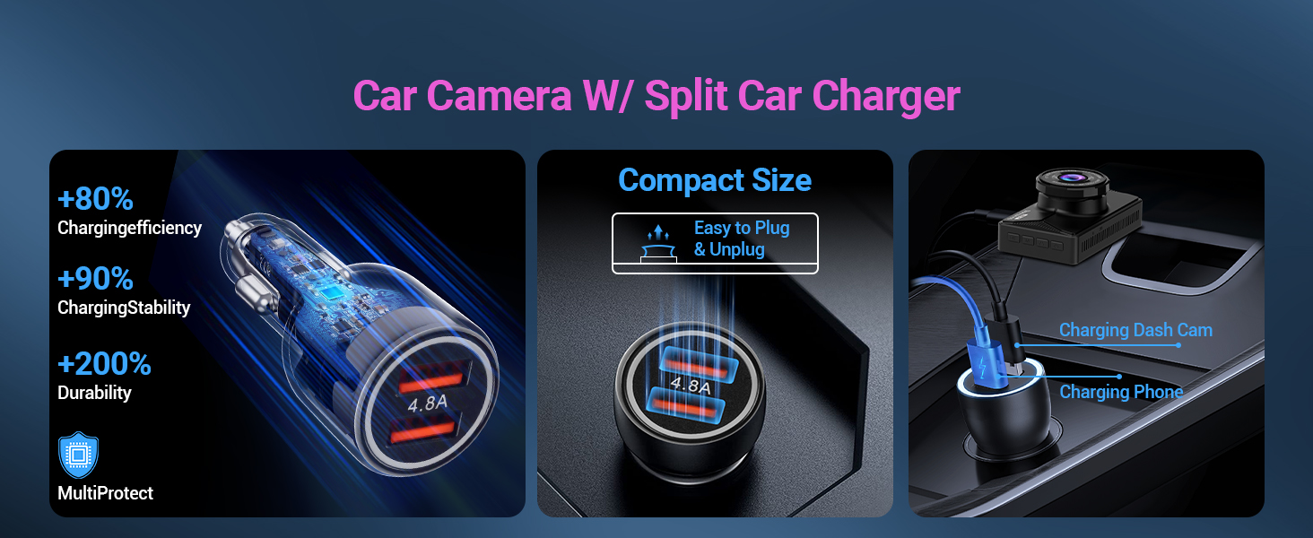 Car charger with camera and split charging ports. Features blue LED display, compact design, and multiple USB outlets for simultaneous device charging.