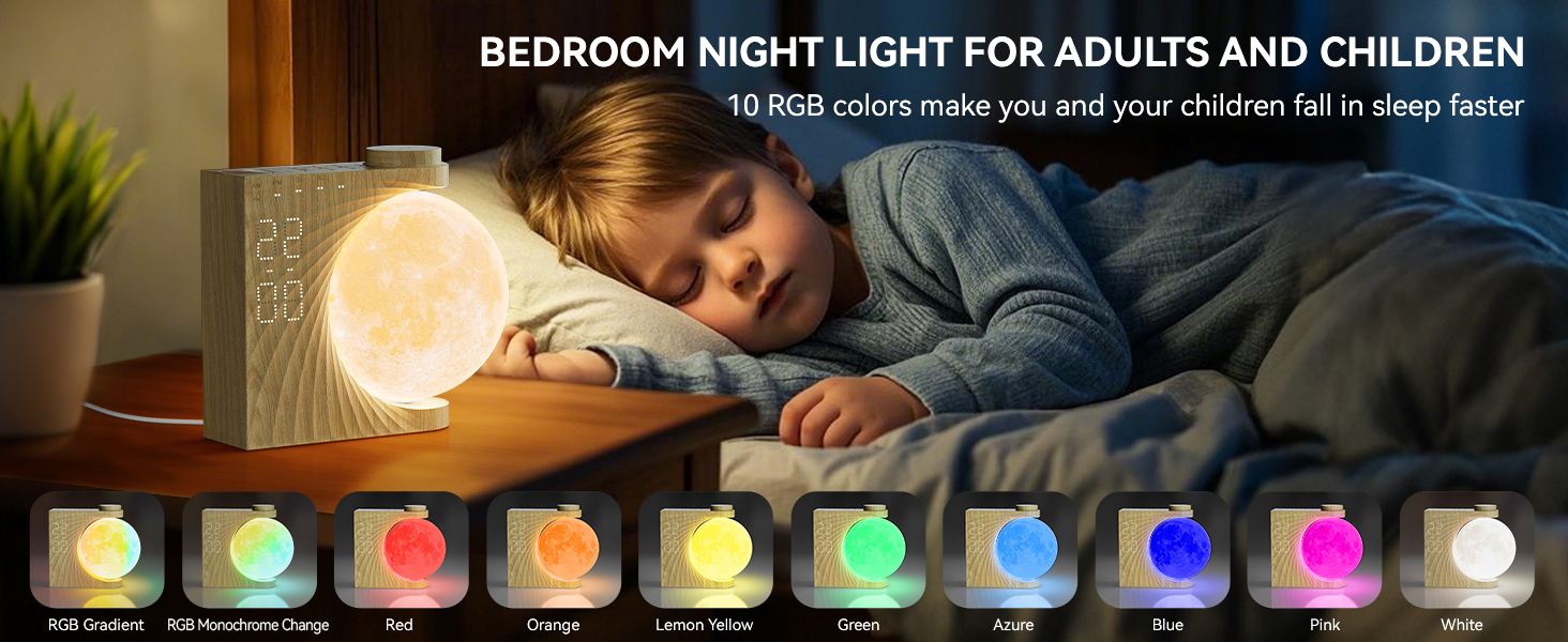 Spherical night light on wooden base with moon-like texture. Child sleeping next to it. Below, 10 circular icons showing different light color options.