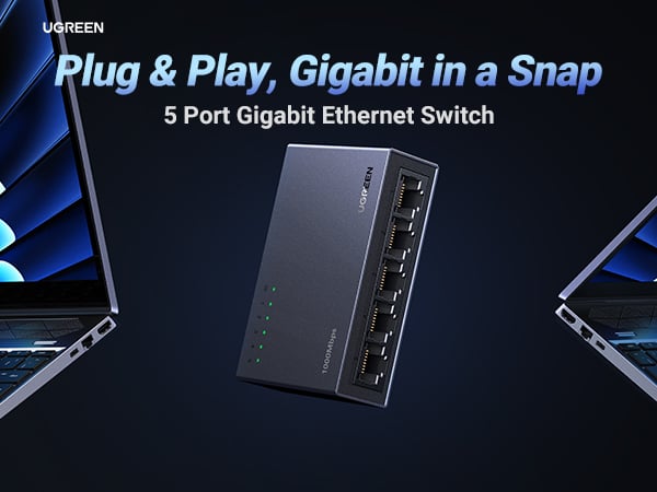 UGREEN Ethernet Switch, 5 Port Gigabit Ethernet Splitter, Plug &amp; Play