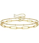Dainty Gold Bracelets for Women, 14K Gold Filled Adjustable Layered Bracelet Cute Evil Eye Oval C...