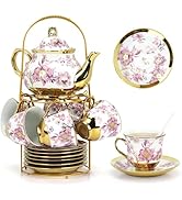 20 Pcs Porcelain Tea Set With Metal Holder,European Ceramic Tea Party Set for Adults,700ml Teapot...