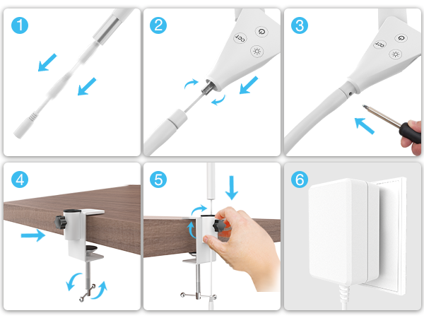 Installation guide showing six numbered steps for mounting a white bracket or hardware piece to a surface.
