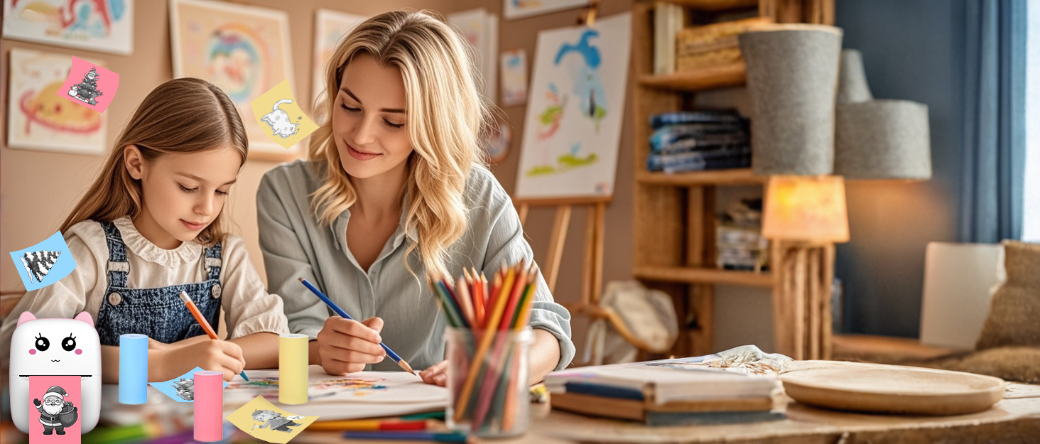 Mini Thermal Printer with 5 Rolls Paper, Bluetooth Portable Inkless Printers Compatible