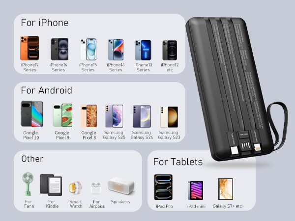 Power Bank with Built in Cables compatible with more devices