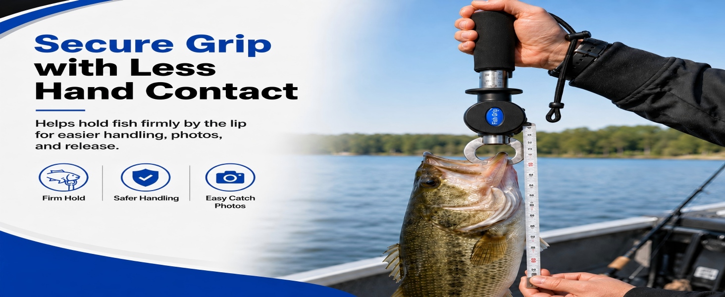 Fishing lip gripper with built-in scale and tape measure