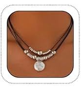 Vintage Silver Beaded Beads Cord Necklace for Women Statement, Layered Coin Faux Pearl Disc Penda...