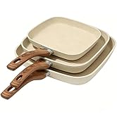 Simple Deluxe 3 Pieces Nonstick Grill Pan Set, Square Versatile Griddle Pans with Wooden Handle, ...