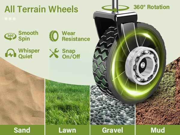 360° rotating all-terrain wheels for smooth, quiet movement on sand, lawn, gravel, and mud.