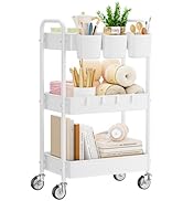 YASONIC Metal 3 Tier Rolling Cart - Heavy Duty Utility Cart with Lockable Wheels, Hanging Cups, H...