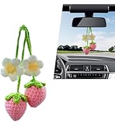 YAWUROU 1PC Crochet Strawberry &amp; Flower Car Hanging Ornament, Cute 3D Strawberry Rearview Mirror ...