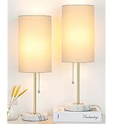 JUNNAI Bedside Table Lamp with Marble Base: Pull Chain Switch 3-Way Dimmable | Linen Fabric Shade...