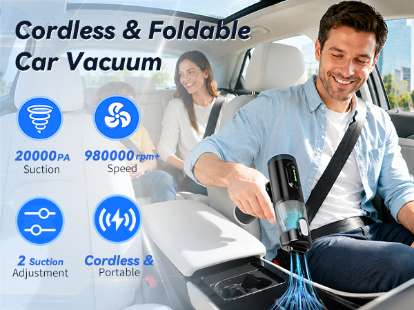 handheld cordless car vacuum witn 2 adjustable level up to 20000pa suction, ready for car cleaning