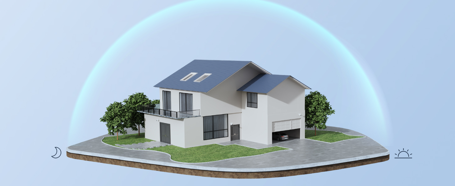 3D model of a modern two-story house with white exterior, surrounded by a transparent dome on a circular base.