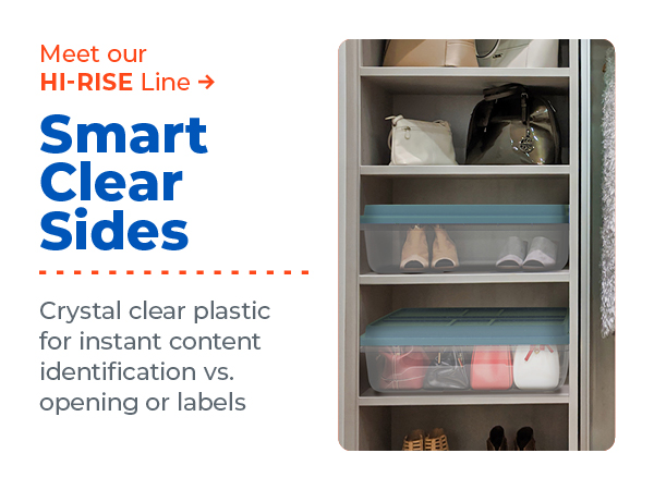 Clear Hefty Hi-Rise storage bins for easy content visibility