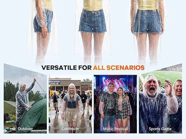 Waterproof rain poncho with hood, suitable for adults and kids at water park.